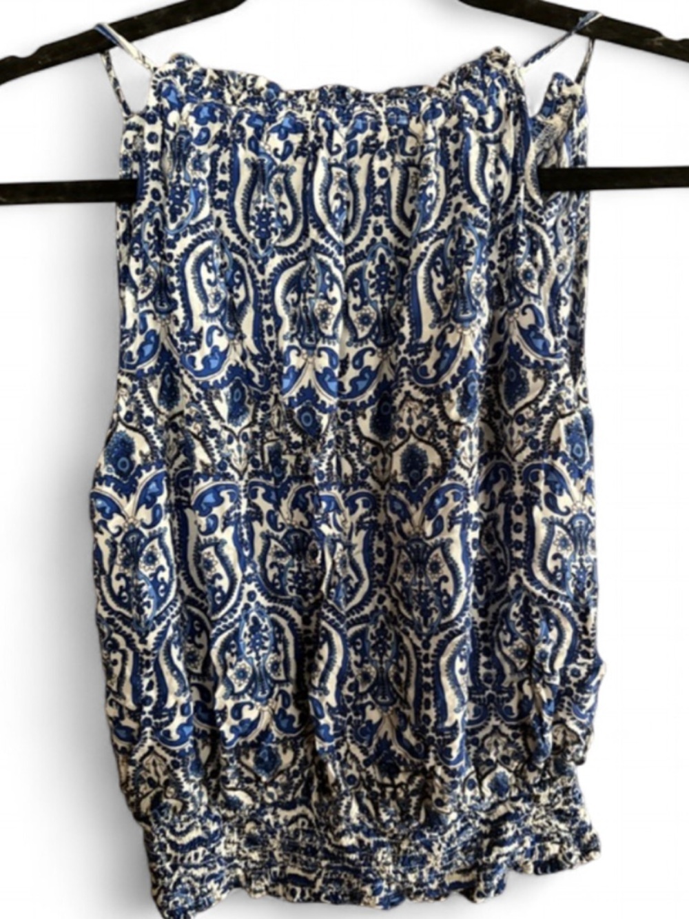Rose + Oliv Paisley Smocked Tank Top Blue White Boho Cami Adjustable Straps M - Picture 2 of 3